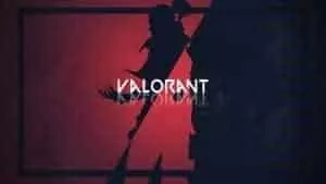 Силуэт агента Valorant Джетта на красно-черном фоне.  Слово «Valorant» появляется посередине кадра.