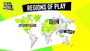 A world map shows the countries included in the ESL Mobile Open, North America, Europe & Mena and the Asia-Pacific. The words 