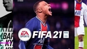 Логотип EA Sports появляется рядом со словами «FIFA 21» с изображением Килиана Мбаппе, победоносно кричащего на заднем плане.