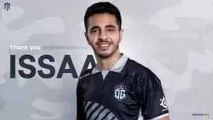 Pro CS:GO player Issa “ISSAA” Murad smiles with an OG Esports jersey on. Next to him are the words 