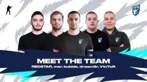 The former VOYVODA, current Team Fiend CS:GO lineup of Viktor “V1c7or” Dyankov, Kamen “bubble” Kostadinov, Hristiyan “REDSTAR” Pironkov,Martin “mar” Kuyumdjiev and Simeon “dream3r” Ganev stand together on a white an grey background with a spiky blue banner beneath them. It says 