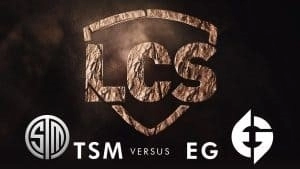 Коричневый скалистый логотип щита LCS появляется поверх логотипов TSM и EG на темном фоне.