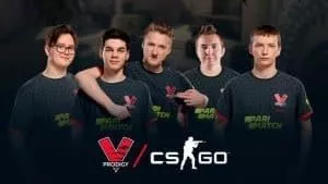 The Virtus.pro Prodigy roster of Nikita “BloodyK” Dobrinin, Eugene “3salt” Frolov, Armen “cheerful” Eskuyan, Alexey “RuFire” Burakov, Ivan “lom1k” Ovsyanik all pose together with the Vistus.pro red V logo and the CS:GO logo with a soldier shooting a gun at the bottom of the image.