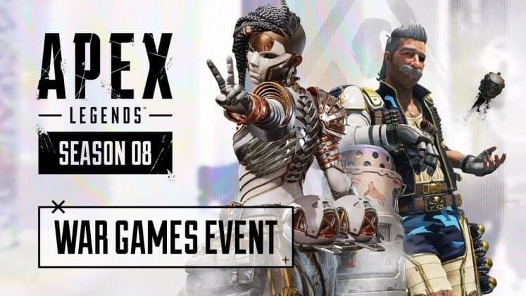 Персонажи Apex Legends Лоба и Фьюз появляются рядом со словами «Apex Legends Season 08 War Games Event».