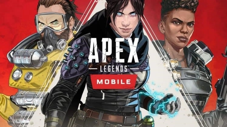 Иллюстрации Apex Legends, Caustic, Wraith и Bangalore отображаются на красном фоне.  Слова «Apex Legends Mobile» написаны посередине изображения белыми буквами.