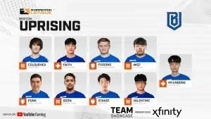 The Boston Uprising OWL 2021 roster of ColdHurex, Faith, Fusions, IM37, Punk, Soon, Stand1, Valentine and Myunbong appear in individual boxes.