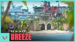 Карта карибского рая Breeze в Valorant показана со словами «New Map Breeze» в углу.