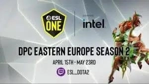 The Dota 2 Hero Enchantress leaps across a silver background with her staff held high. The ESL One Logo and Intel Logo appear in the top of the image. The words 