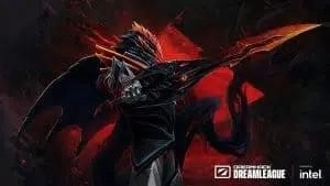 The Dota 2 Hero Dragon Knight stands with his sword drawn. Behind him coils of dark shadow form the wings of a dragon. The words 