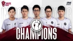 The Grand Final winning roster of Invictus Gaming stand in their team jerseys. The word 