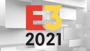 Логотип E3, большая красная буква E рядом с оранжевой цифрой 3, появляется над словами 2021 на белом фрактальном фоне.