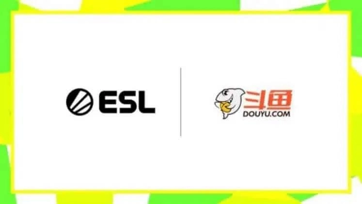 Белый фон с логотипом ESL и логотипом DouYu, мультяшная акула рядом с китайскими иероглифами для названия компании.