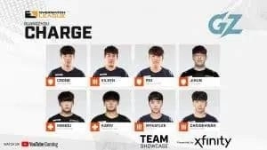 The 2021 Guangzhou Charge roster of Crong, Eileen, Rio, Jihun, Mandu, Kariv, Mykaylee, Choisehwan appear in their own individual boxes.