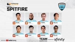 The London Spitfire roster of Blase, Hadi, Hybrid, Molf1g, Ripa, Shax, Sparkr, Kellex appear in their own boxes with an Overwatch League and a London Spitfire logo.