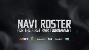 Надпись «NAVI ROTER For the First RMR Tournament» выделена серебристым цветом над линией логотипов брендов и темным фоном с изображением фигуры.