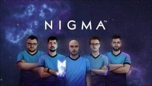 The roster for Team Nigma stand in front of a space background with the word 