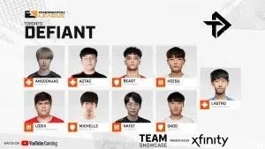 The Toronto Defiant Overwatch League team players of Ansoonjae, Aztac, Beast, Heesu, Logix, Michelle, Na1st, Sado and Lastro appear in their own boxes with the Toronto Defiant logo and OWL logos above.