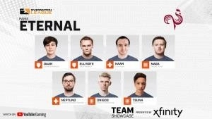 Each member of the Paris Eternal Overwatch League roster appears in their own box. From left to right on top is Daan, Ellivote, Kaan, Naga; on bottom are Neptuno, DNIGod, Tsuna.