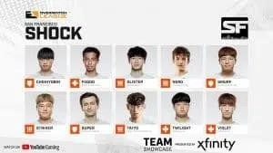 Each member of the San Francisco Shock appears in their own individual box with their name below it, featuring the SF Shock and OWL logos above.