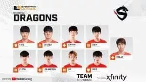 Each member of the Shanghai Dragons Overwatch League roster appears in their own box with their name and role below, with the OWL logo and Shanghai Dragons logo above.