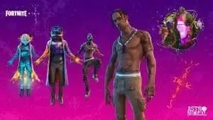 Travis Scott's Fortnite model appears next to three astronaut suits and a strange globe icon on a purple background.