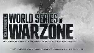 Солдат выходит из облака дыма со словами «Call of Duty World Series of Warzone» и информацией о турнире перед ним.