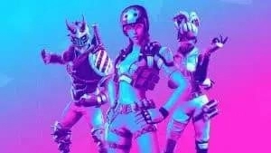 Three Fortnite characters pose together with a blue, purple and pink gradient over them and the background.