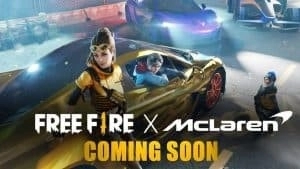 Логотипы Garena Free Fire и McLaren появляются со словами «Скоро» перед сценой, где персонажи Free Fire позируют с дорогими автомобилями.