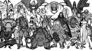 All of the heroes from Overwatch appear sketched in black and white together.