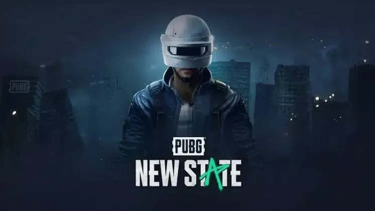 Заставка для новой игры PUBG New State с изображением игрока в белом шлеме с опущенным забралом, на заднем плане смутно виден городской горизонт.