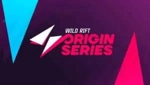 Надпись «Wild Rift Origin Series» выделена ярко-розовым и белым цветом на фиолетовом фоне.  Красочные абстрактные треугольники синего, розового и белого цветов появляются внизу и в углах изображения.