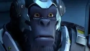 Overwatch hero Winston looks forward with a shocked expression.