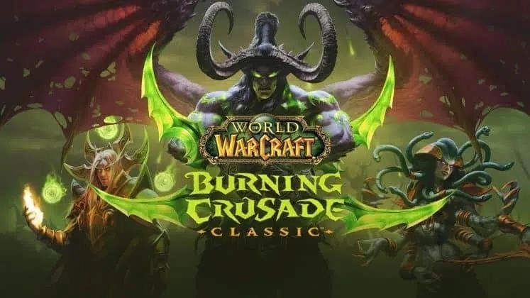 Три демонические фигуры угрожающе позируют перед логотипом World of Warcraft Burning Crusade Classic.