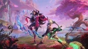 League of Legends Wild Rift champions Irelia and Riven pose in a beautiful Ionian landscape.