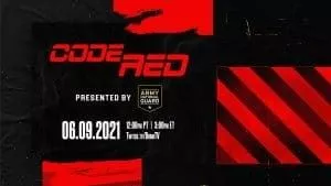 Логотип Code Red появляется на черном фоне с красными символами опасности.  Внизу белыми буквами указаны слова «Представлено Национальной гвардией армии» и дата проведения турнира в формате США (06.09.2021).