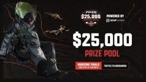 Three Call of Duty operators fall from the sky next to the FaZe $25K Warzone Series logo with the words 