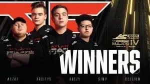 Список Atlanta FaZe CDL, состоящий из Arcitys, Abezy, Simp и Cellium, появляется вместе со словами «Победители Call of Duty League Major IV».