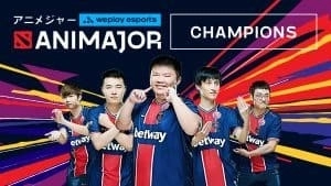 The roster for PSG.LGD appears against a background of colourful animated speed lines in reds, purples and yellows. Above them is the logo for the WePlay Esports AniMajor and the word 