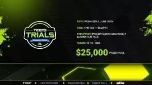 The TeeP's Trials logo appears next to a list of information for the event with 