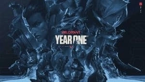 Все агенты Valorant отображаются в синем коллаже со словами «Valorant Year One» в центре.