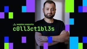 Управляющий партнер WePlay Esports Юра Лазебников появляется на черном фоне, украшенном красочными фиолетовыми, зелеными и синими прямоугольниками.  Слова «WePlay Esports c0ll3ctibl3s» выделены яркими неоново-зелеными буквами.