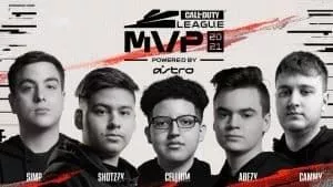 The faces of Call of Duty players Simp, Shotzzy, Cellium, Abezy and Cammy appear in black and white under the CDL logo and the CDL 2021 Astro MVP award logo.