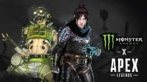 Legends Wraith и Octane стоят на черном фоне, логотипы Monster Energy и Apex Legends отображаются рядом с ними с белым крестиком между ними.