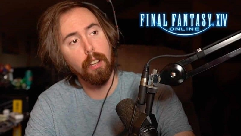 Стример Twitch Asmongold во время своей трансляции с логотипом Final Fantasy XIV в углу.