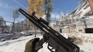 First person point of view of the MP5 Submachine gun in-game in Call of Duty, Warzone