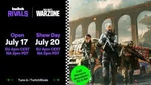 Three operators charge forward with guns drawn, a black and white checkerboard line separates them from the rest of the background which is black. At the top of the black portion are the Twitch Rivals and Call of Duty Warzone logos. The words 