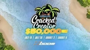 The Cracked Creator's $50k COD Warzone tournament logo appears with event dates over a beautiful beach background.