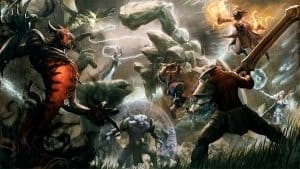 Dota 2 heroes including Faceless Void, Sven and Lina clash in the Dire jungle