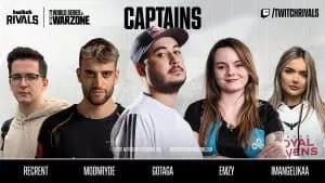 The European World Series of Warzone captains Recrent, Moonryde, Gotaga, Emzy and Angelikaa are pictured together with their names below.