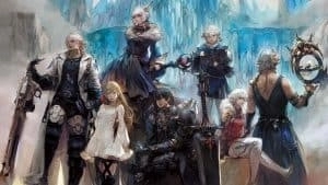 Официальный арт для FFXIV Shadowbringers, на котором Воин Света и Потомки Седьмого Рассвета позируют вместе перед Хрустальной Башней.